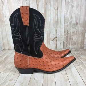 Ostrich Cowboy Boots Exotic Western Leather Pointed Toe Black Details Size?‎